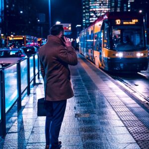 A Man in a Coat Having a Phone Call